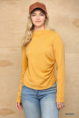 Solid And Cozy Soft Knit Mock Neck Top With Side Ruched Detail