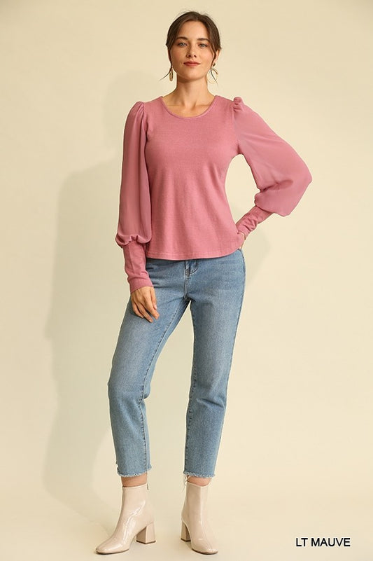 Solid Knit And Chiffon Mixed Top With Puff Long Sleeve