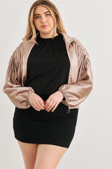 Plus Satin Zip-up Ruched Long Sleeve Cropped Bomber Jacket