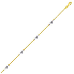 14k Two Tone Gold Anklet with Diamond Cut Heart Style Stations