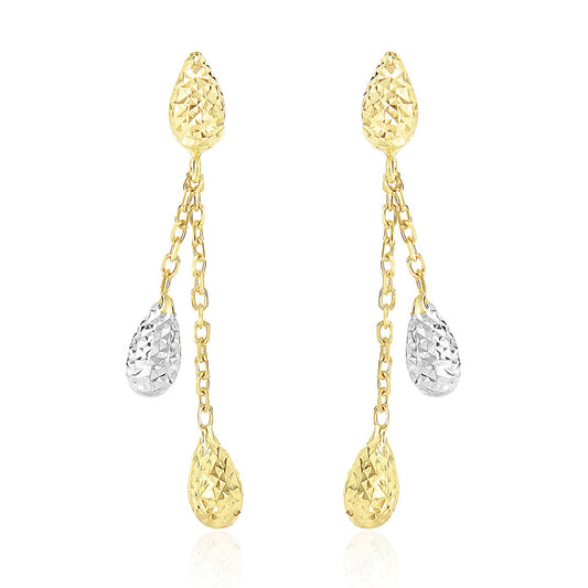 14k Two-Tone Gold Double Row Chain Earrings with Diamond Cut Teardrops