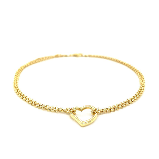 10k Yellow Gold Double Rolo Chain Anklet with an Open Heart Station