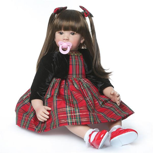 24" Beautiful Simulation Baby Long-Haired Girl Wearing a Christmas Plaid Skirt Doll